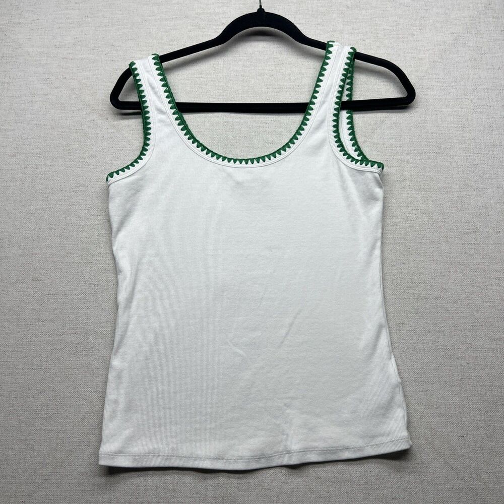 Boden Crochet Trim Tank Top Size M Medium US 8 White Green Ribbed